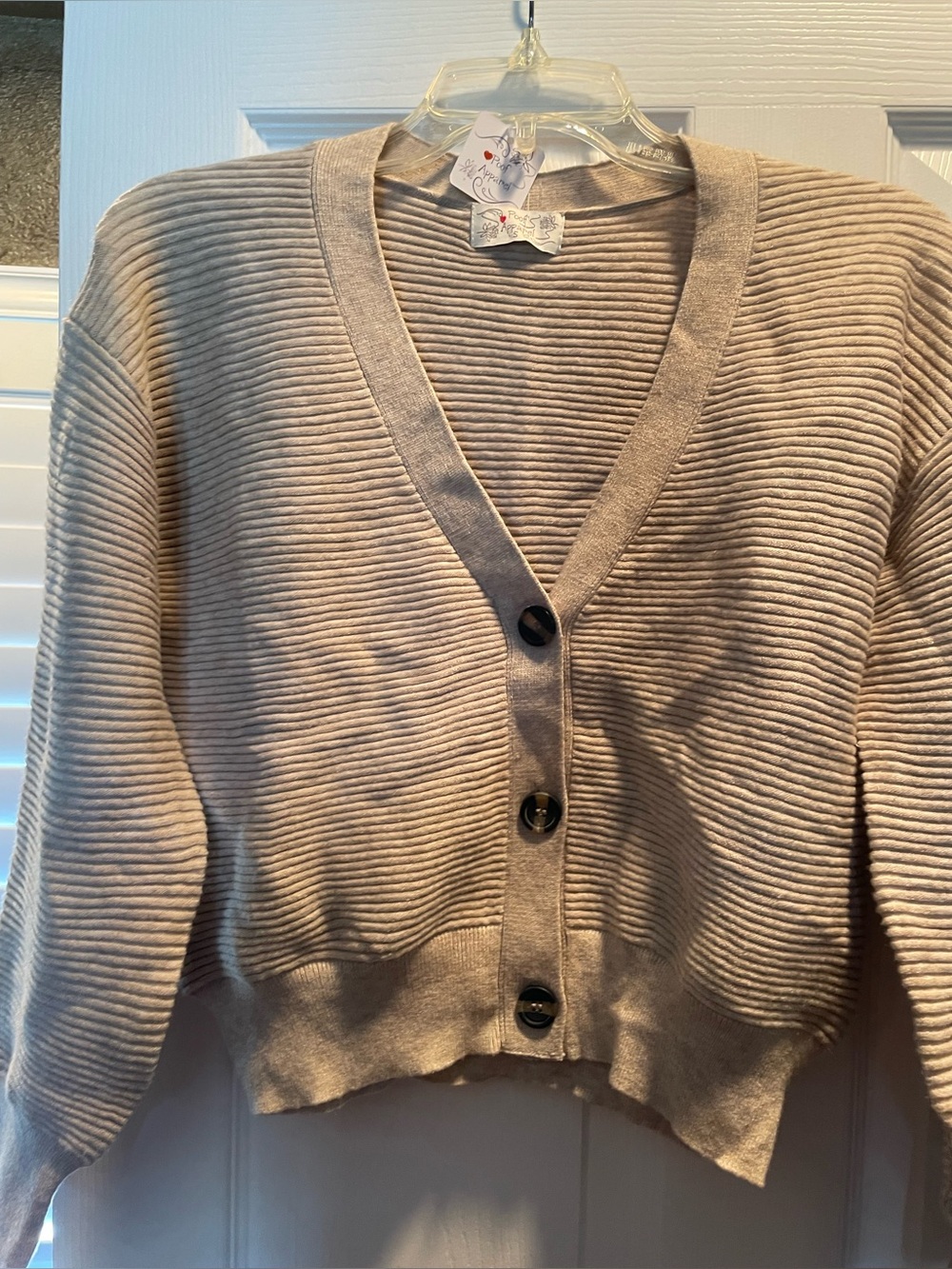 Poof! Light Beige Ribbed V-Neck Button Front Cardigan - Picture 3 of 4